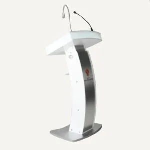Bespoke AV lectern facing the corner, with a grey microphone and a black microphone, with "City of Wolverhampton" logo on the front.