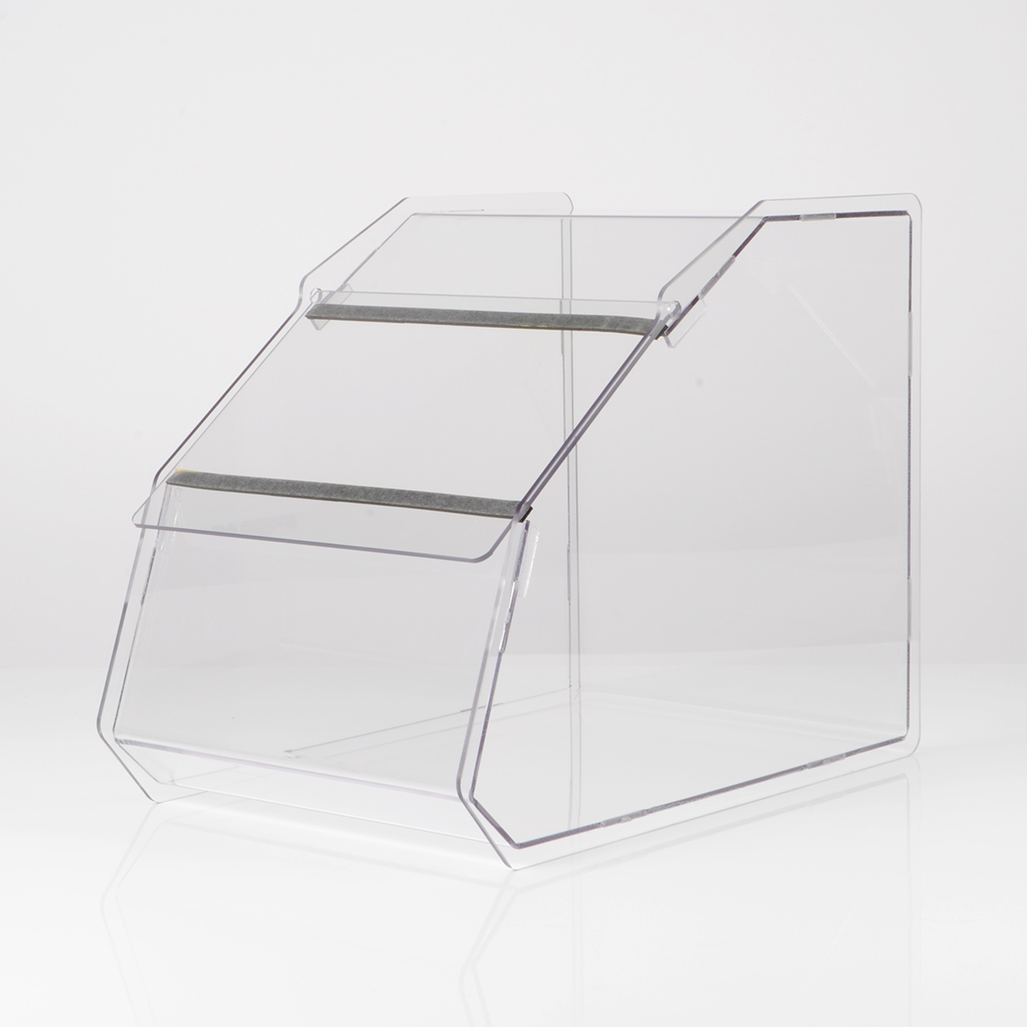 A clear acrylic PETG pet shop food bin.