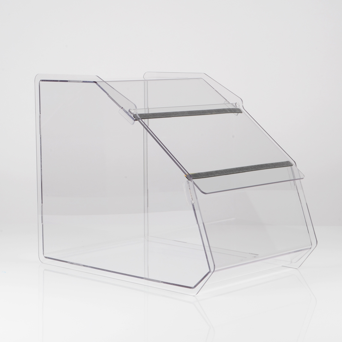 A clear acrylic PETG pet shop food bin facing the right.