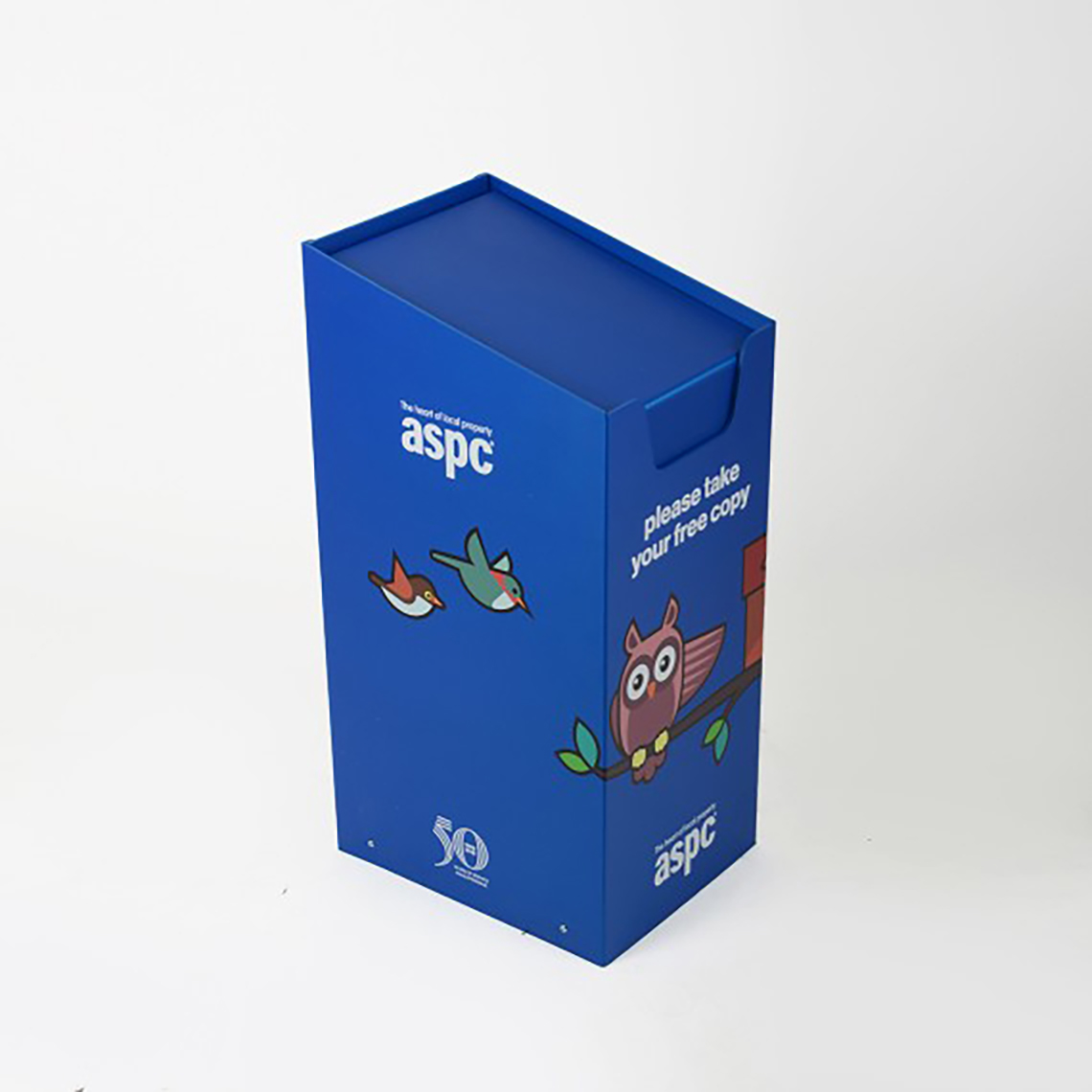 A top view of a blue aspc custom printed spring loaded dump bin.