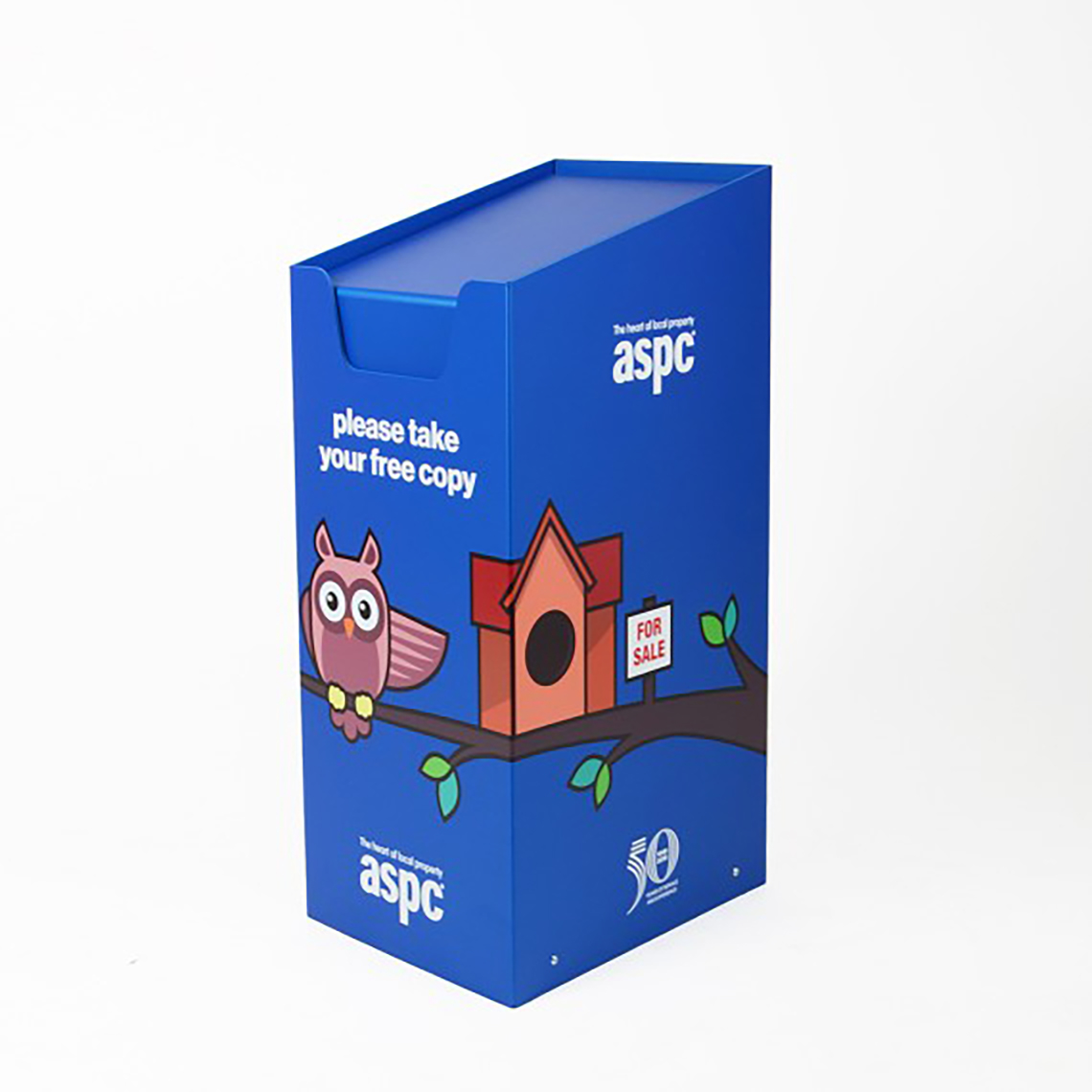 A left hand side view of a blue aspc custom printed spring loaded dump bin.