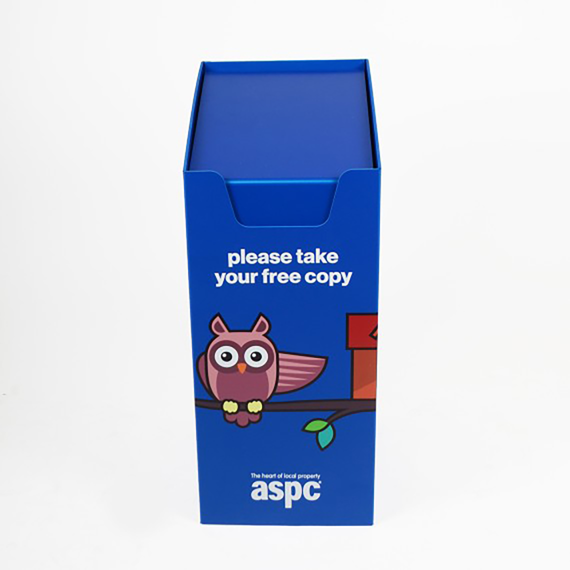 A blue custom printed aspc spring loaded dump bin.