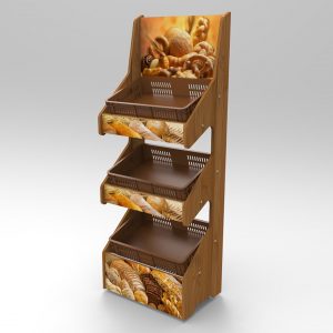 A bespoke floorstanding supermarket basket display with graphics of bread printed on.