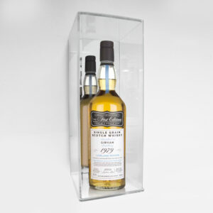 A clear acrylic, wall mounted single bottle display case with a mirrored back panel, and a single grain scotch whisky bottle displayed inside.