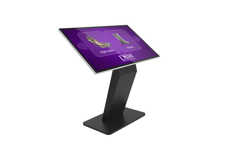 Floor standing touch screen digital screen kiosk with silver bezel.