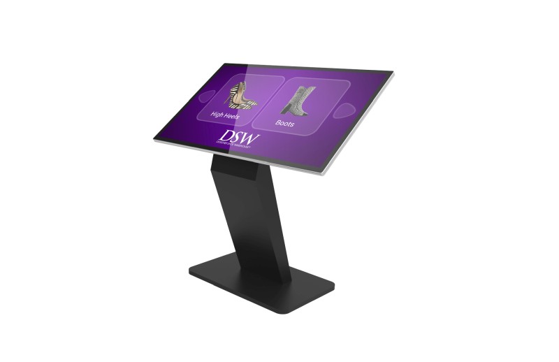 A black windows touch screen kiosk with a silver bezel.