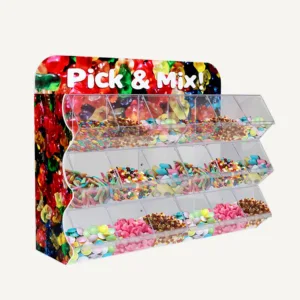 A custom printed pick and mix display with 18 bins.