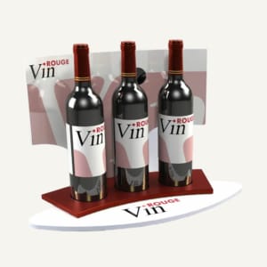 A custom "vin rouge" branded bottle glorifier display with three bottle of red wine on display.