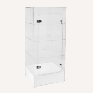 A clear acrylic display cabinet with a lock, a white base and three shelves.