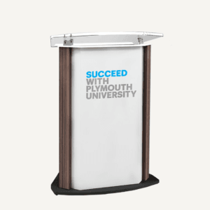 A dark wood finish custom university lectern with acrylic black base and white front panel, with "succeed with plymouth university" on the front.