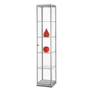 A silver slimline glass display case in silver with 4 shelves, a spotlight and vases on display.