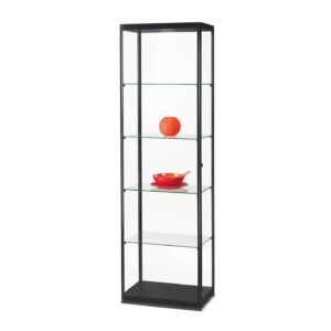 A black cabinet with 4 shelves and ornaments inside.