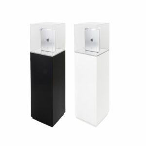 One white display plinth with mirrored top & clear display case and one black display plinth with mirrored top & clear display case.