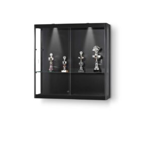 A wall mounted black illuminated display case with trophies inside.