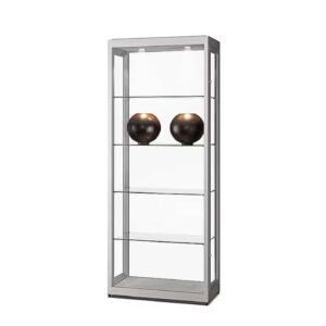 A silver display cabinet with two vases on display.