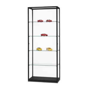 A black cabinet with 4 shelves, side doors and model cars on display.