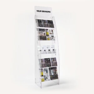 A 5 tier magazine and brochure rack with a header and brochures on display.