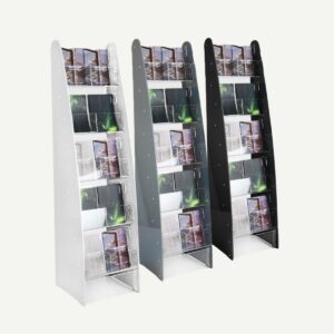 Three floor standing Brochure or magazine dispenser displays in black, white and grey.