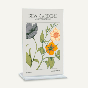A clear acrylic poster and menu holder with a kew gardens poster inside.