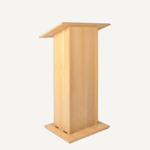A wooden flat pack lectern facing the front right corner.