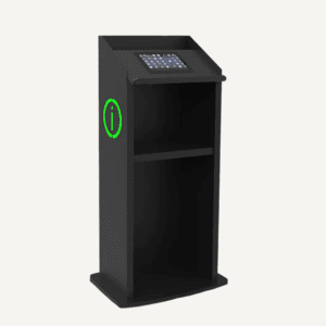 black illuminated information point with shelf and a small digital screen on the top of the reading platform.