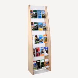 A leaflet card or information stand made from wood and acrylic featuring brochures on display.