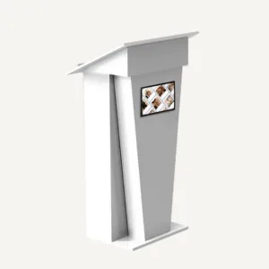 Modern white lectern with digital screen at the front.