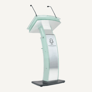 Bespoke AV lectern facing the corner, with two black microphones on top, with "Mariana postcast" logo on the front.