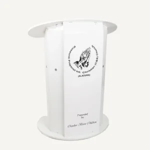 White presentation lectern with rounded top and base, with "Kosseuenti Prayerist Int. Christian (C&S) Church (Aldura)" logo on the front.