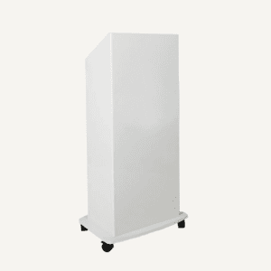 A white presentation lectern with black castor wheels.