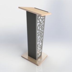 Designer lectern with wooden base and reading platform and metal geometric cut out panels.