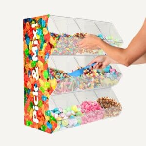 Pick & Mix dump bin with colourful printed sides with a variety of sweets inside.