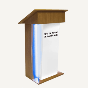 Wooden blue illuminated lectern with white acrylic front, with "Dani Martinez" logo on the front.
