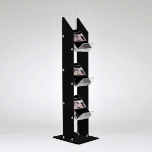A clear and black acrylic magazine stand with 3 tiers.