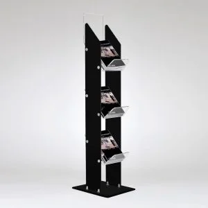 A clear and black acrylic magazine stand with 3 tiers.