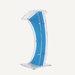 Front facing acrylic contour lectern with blue panel.