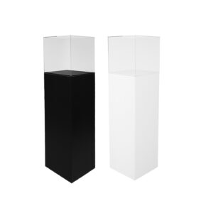 One white display plinth with clear display case and one black display plinth with clear top display case.