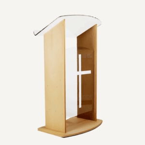 Wooden premium lectern with acrylic front panel and top platform, with large white cross on the front.