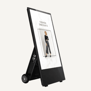 A black, portable digital A board.