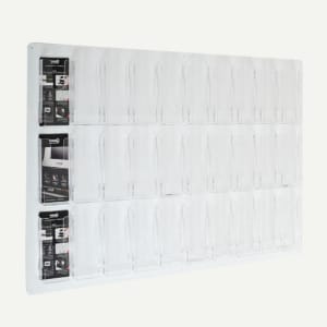 A clear acrylic, multi pocket leaflet display.