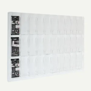 A clear acrylic, multi pocket leaflet display.