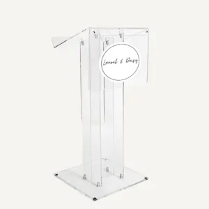 Clear acrylic podium with customisable front panel reading 'Laurel & Daisy'.