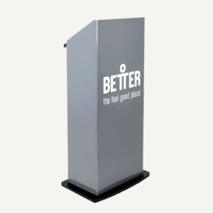 Branded grey foamex lectern with black base and "Better, the feel good place" logo on the front.