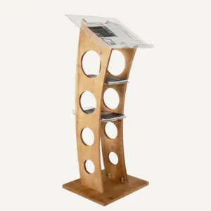 Oak wood finish curved lectern with acrylic shelves and reading platform, holding a magazine on each shelf platform.