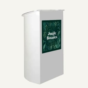 Picture of a white curved digital display lectern with a screen on the front which reads "Jungle Botanics".