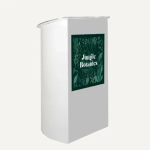 Picture of a white curved digital display lectern with a screen on the front which reads "Jungle Botanics".