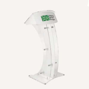 Front facing clear acrylic lectern with 'Helping Britain Prosper' logo on front.
