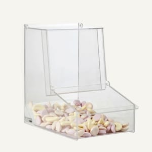 A clear acrylic Pick and Mix – gravity feed dispenser with sweets inside.