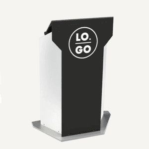 Presentation lectern with black front panel, white side panels and silver base, with "logo" written on the front.