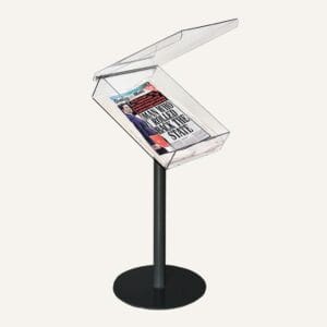 A Floor standing Newspaper or Magazine Tray with a newspaper inside and an open lid.